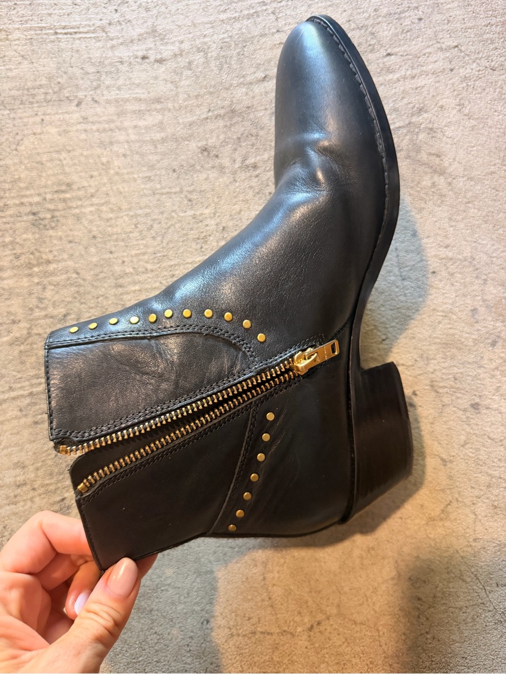 Coach Black Leather Ankle Boots with Gold Stud Accents - Picture 9 of 14